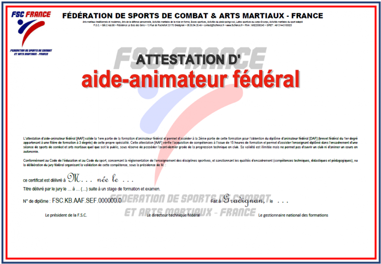[AAF] - Attestation d'AIDE-ANIMATEUR FÉDÉRAL : assistant de coach