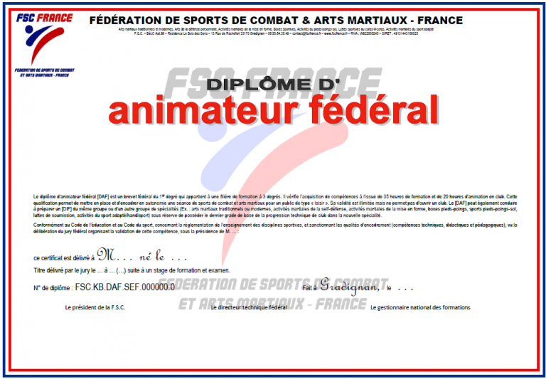 [DAF] - Diplôme du 1er degré : ANIMATEUR FÉDÉRAL de séance pour un public en loisir