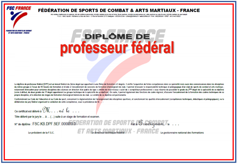 [DPF] - Diplôme du 3ème degré : PROFESSEUR FÉDÉRAL (pour un public de pratiquants experts et compétiteurs de niveau élite)